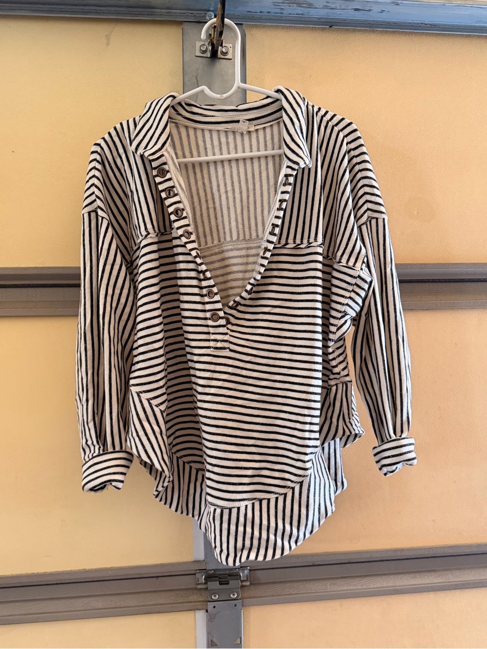 Striped V-Neck Button Pullover Top - Black & White